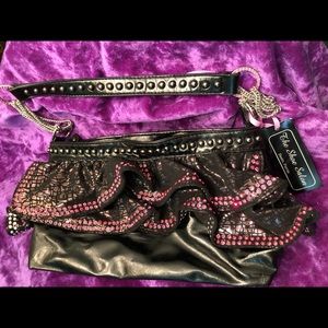 Black purse with pink rhinestones by Blue Elegance
